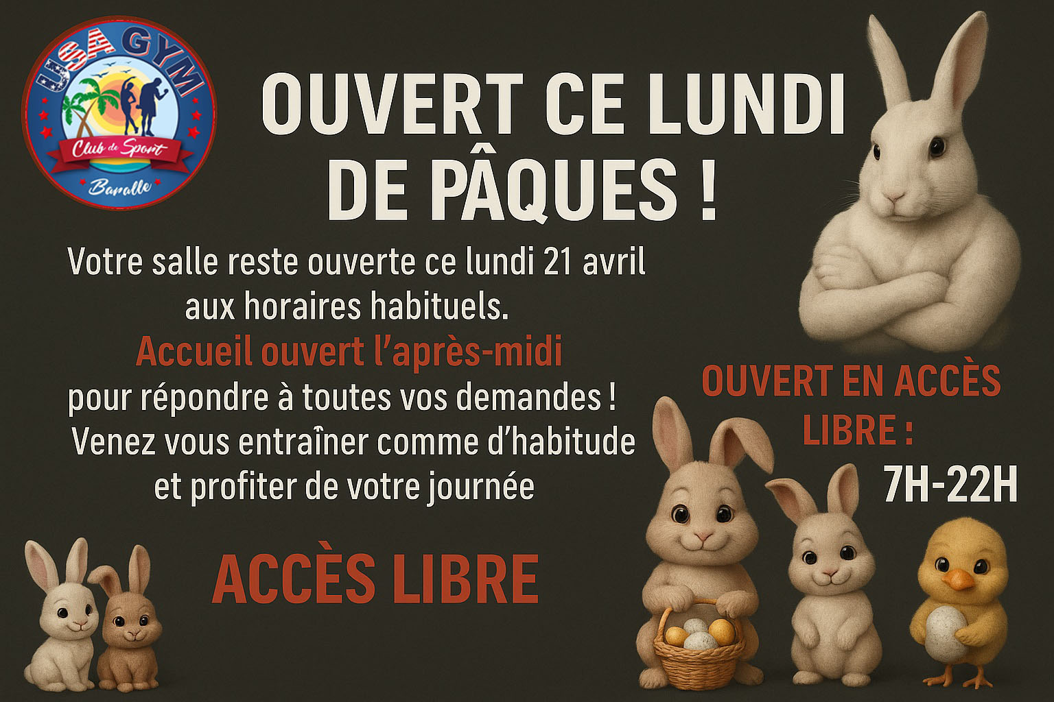 USA GYM reste ouvert ce lundi de Pâques – Entraînez-vous comme d’habitude
